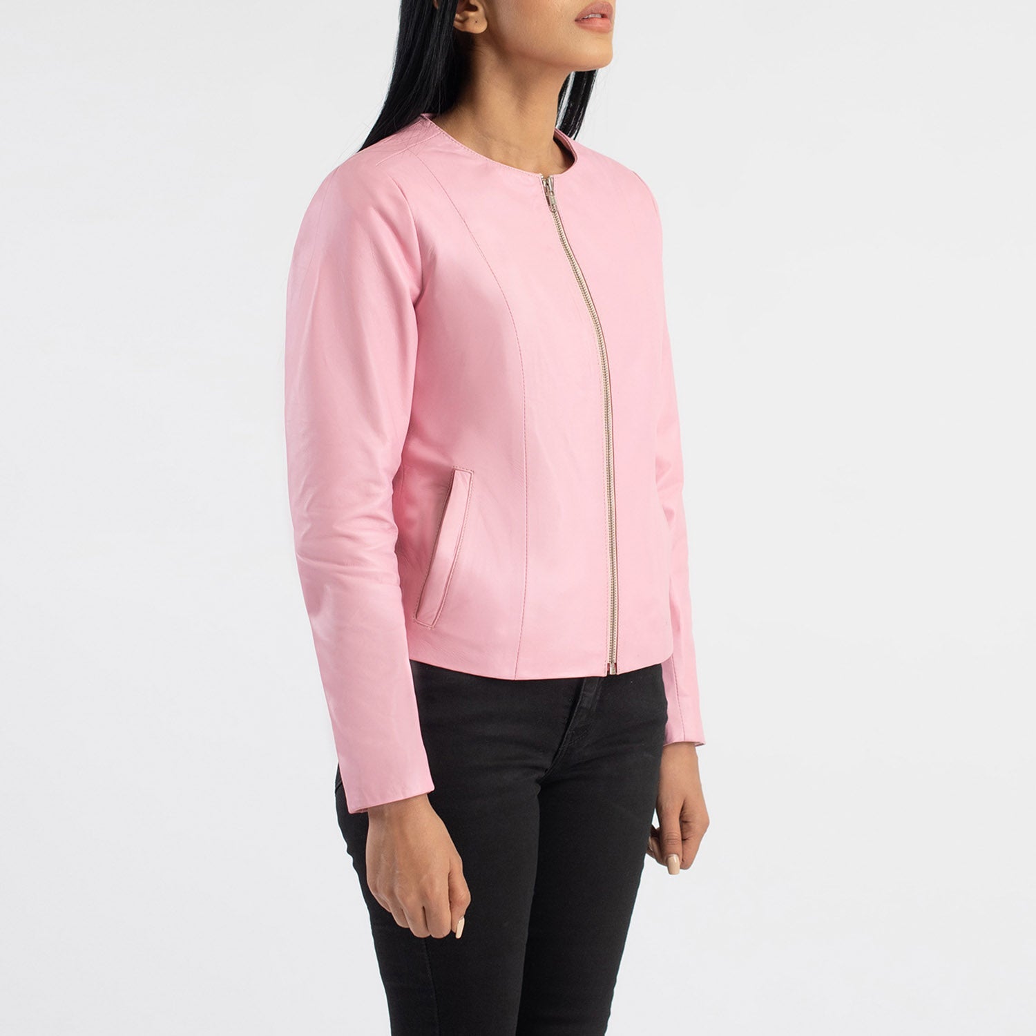 Elixir Pink Collarless Leather Jacket 2