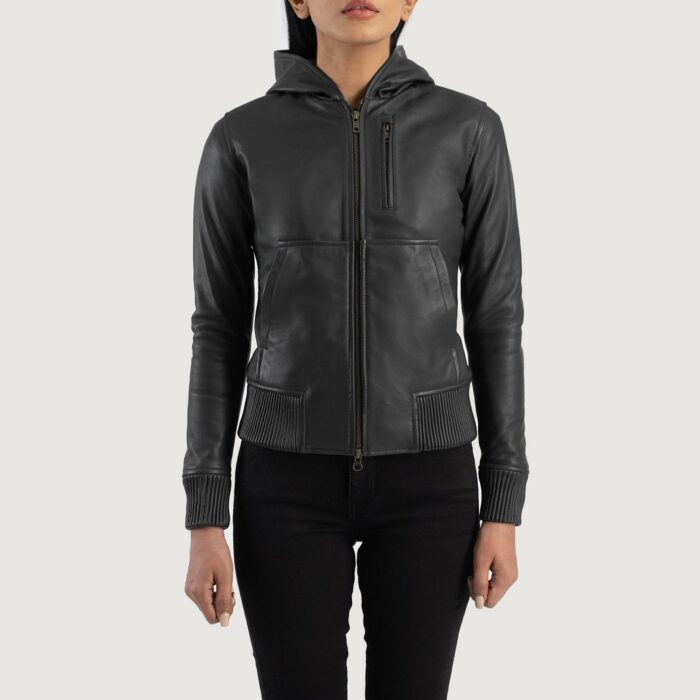 Luna Black Hooded Leather Bomber Jacket 4