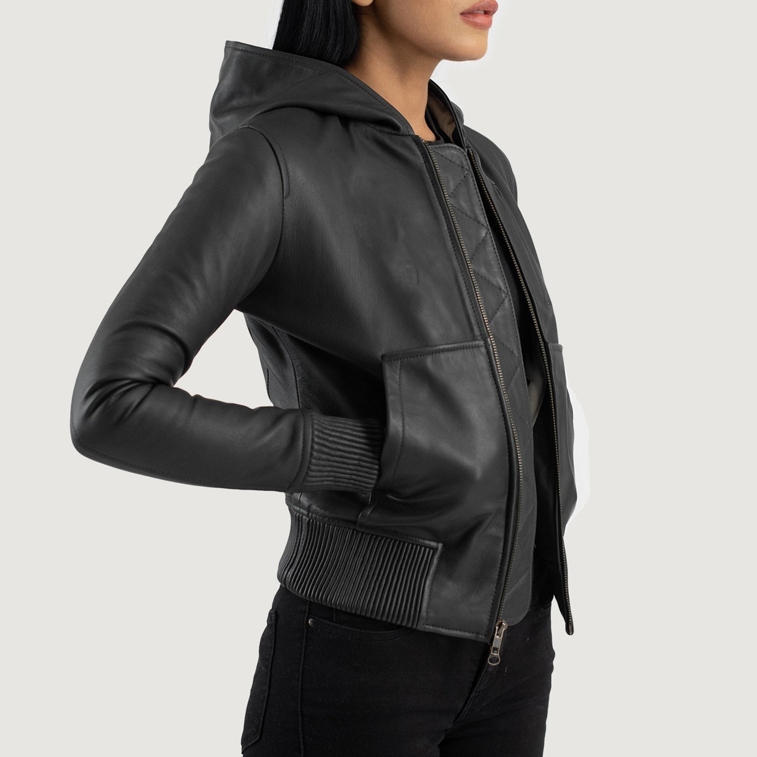 Luna Black Hooded Leather Bomber Jacket 2