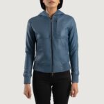 Luna Blue Hooded Leather Bomber Jacket 4