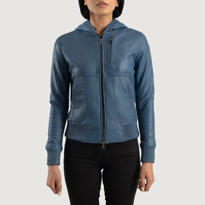 Luna Blue Hooded Leather Bomber Jacket 4