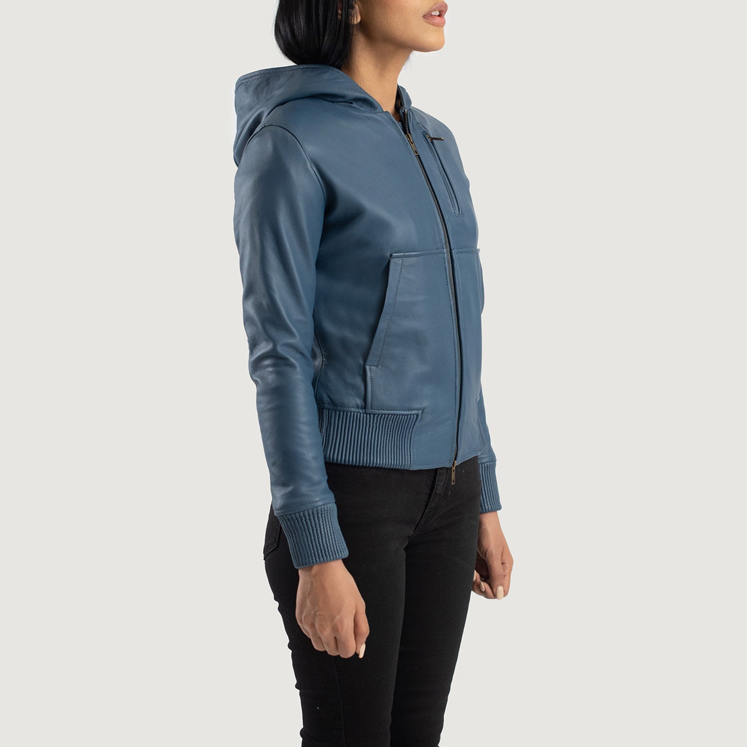 Luna Blue Hooded Leather Bomber Jacket 2