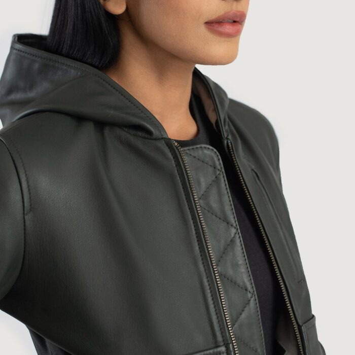 Luna Green Hooded Leather Bomber Jacket 6