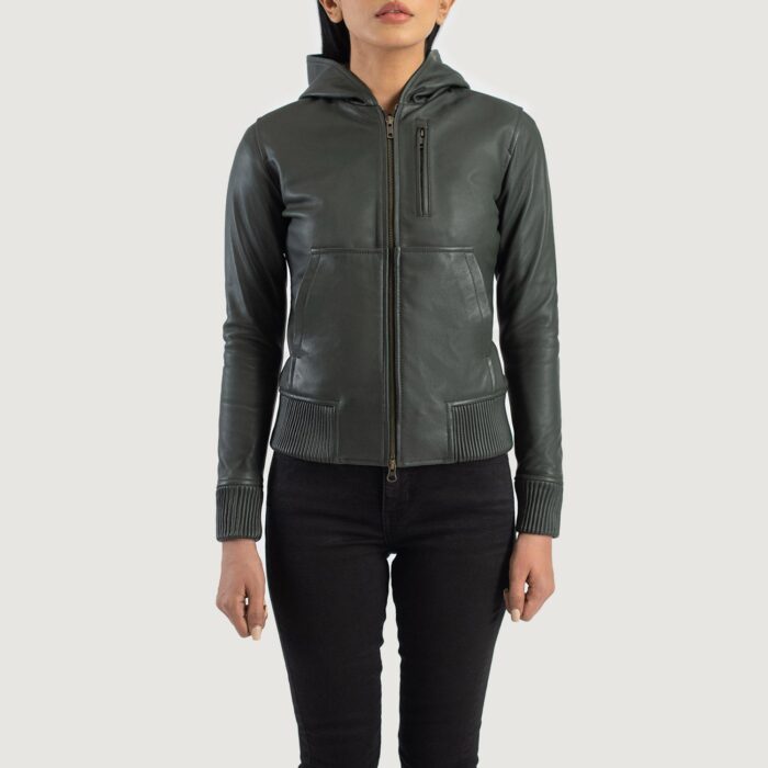 Luna Green Hooded Leather Bomber Jacket 4