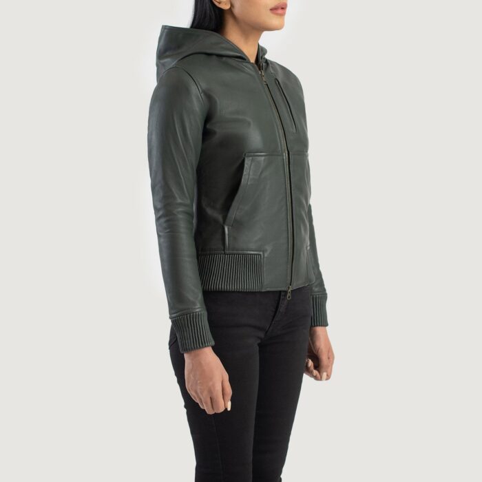 Luna Green Hooded Leather Bomber Jacket 2