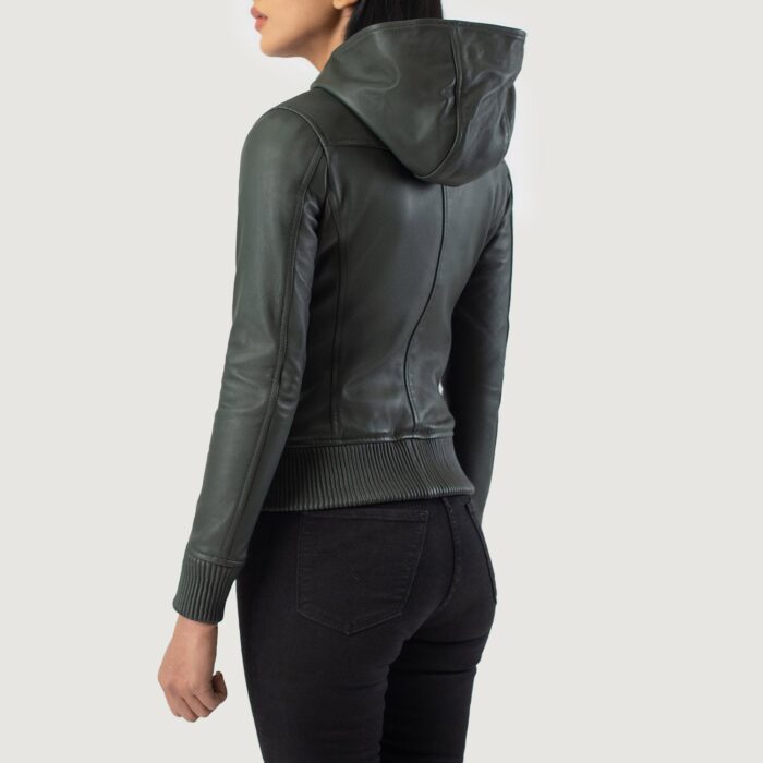 Luna Green Hooded Leather Bomber Jacket 5