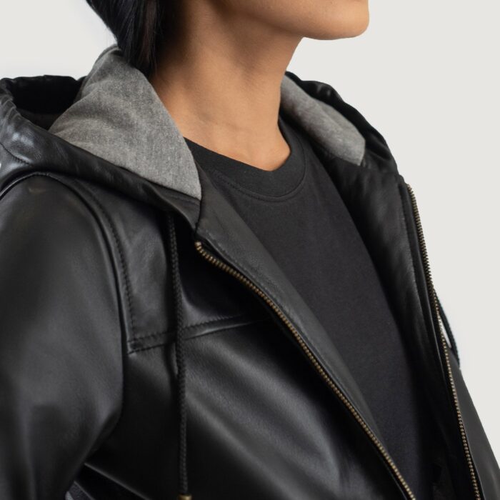 Rebella Black Hooded Leather Bomber Jacket 6
