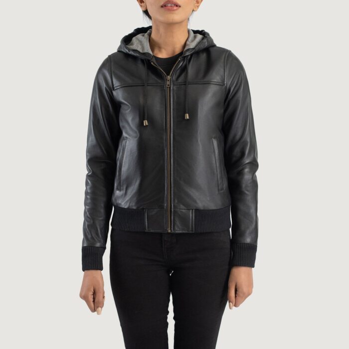 Rebella Black Hooded Leather Bomber Jacket 4