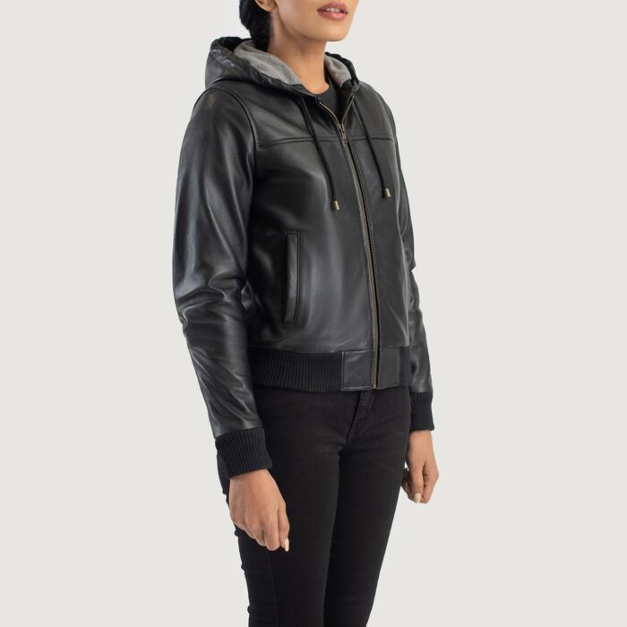 Rebella Black Hooded Leather Bomber Jacket 2