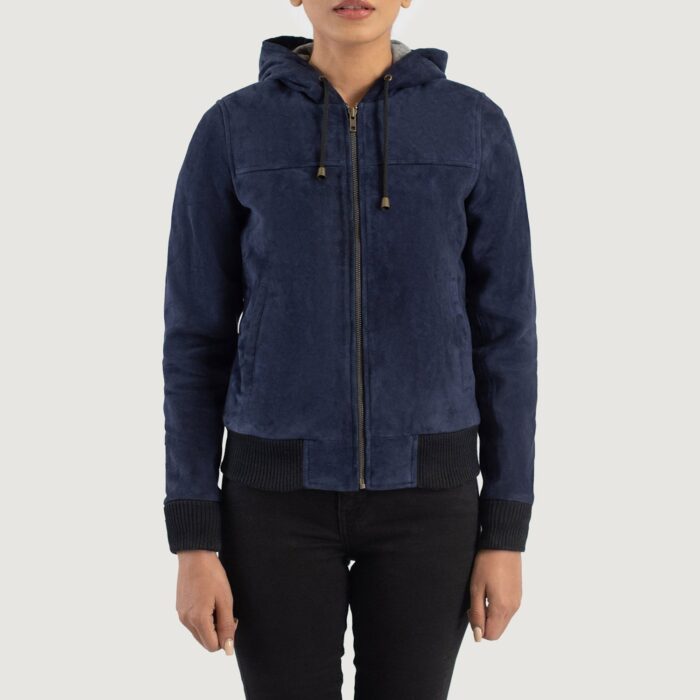 Rebella Blue Hooded Suede Bomber Jacket 4