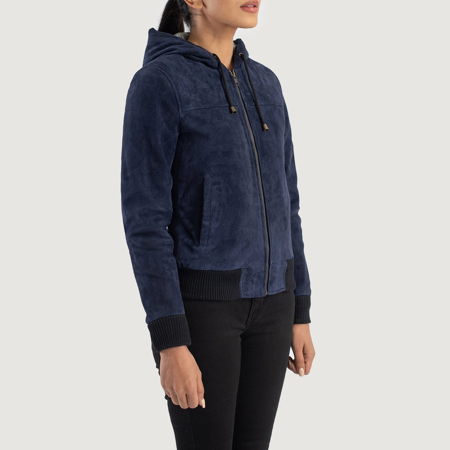 Rebella Blue Hooded Suede Bomber Jacket 2