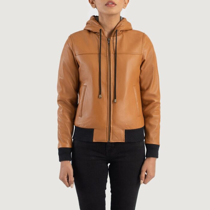 Rebella Brown Hooded Leather Bomber Jacket 4