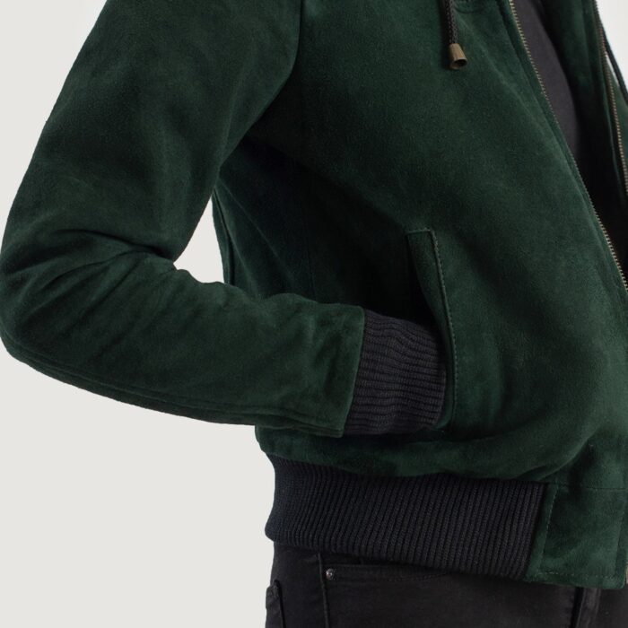 Rebella Green Hooded Suede Bomber Jacket 6