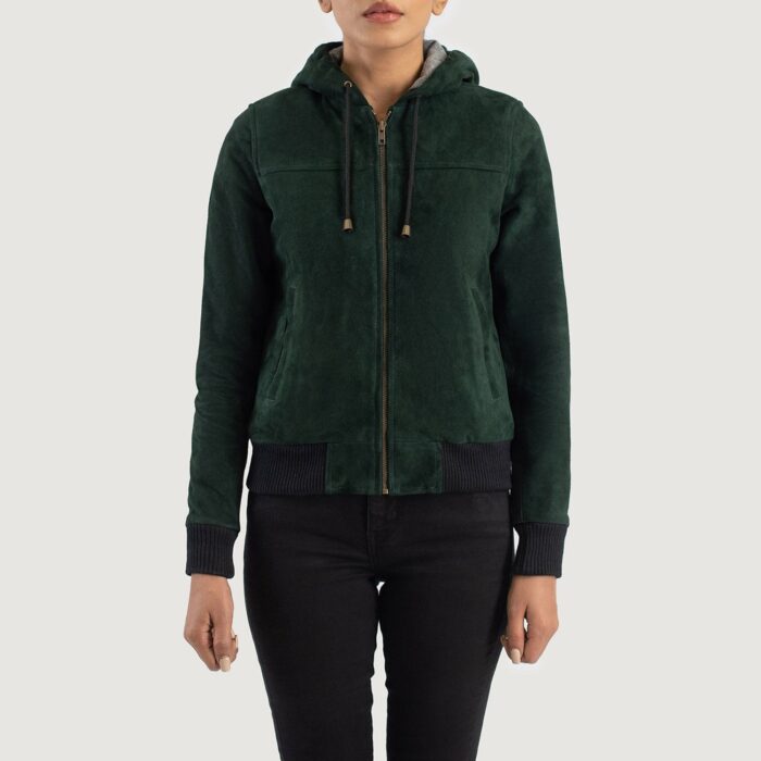 Rebella Green Hooded Suede Bomber Jacket 4