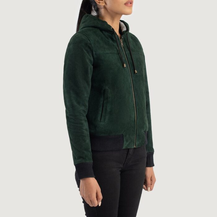 Rebella Green Hooded Suede Bomber Jacket 2