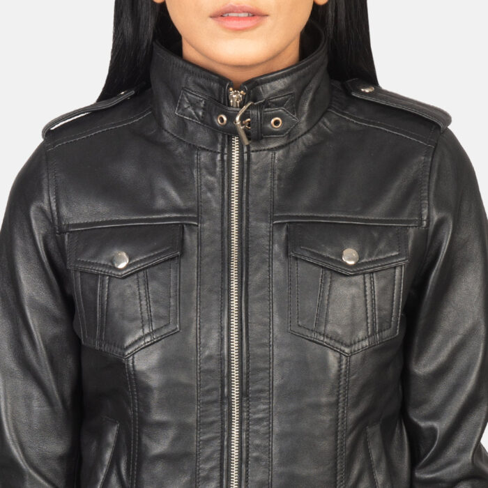 Roslyn Black Hooded Leather Bomber Jacket 6