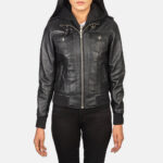 Roslyn Black Hooded Leather Bomber Jacket 4