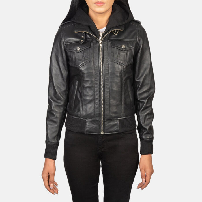 Roslyn Black Hooded Leather Bomber Jacket 4