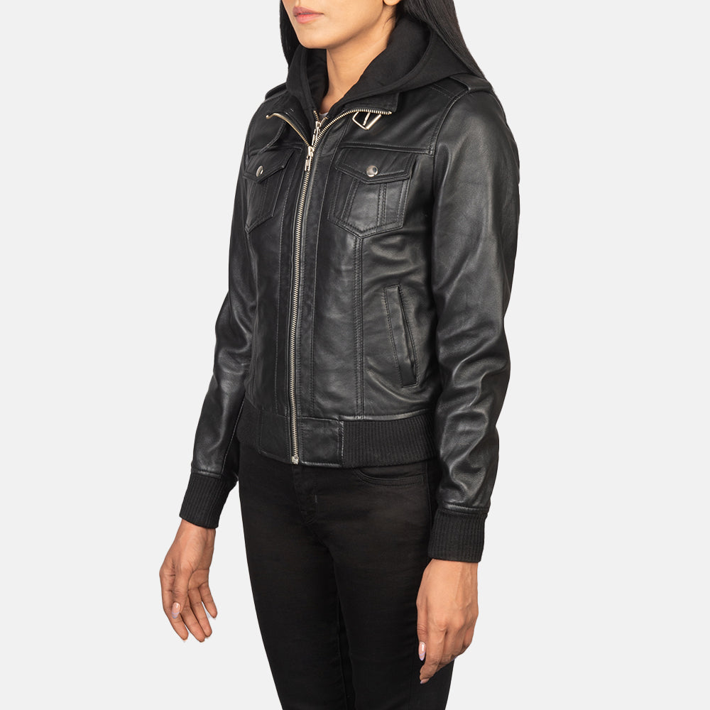 Roslyn Black Hooded Leather Bomber Jacket 2