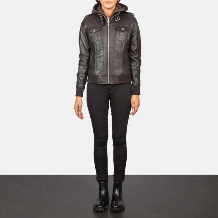 Roslyn Brown Hooded Leather Bomber Jacket 3