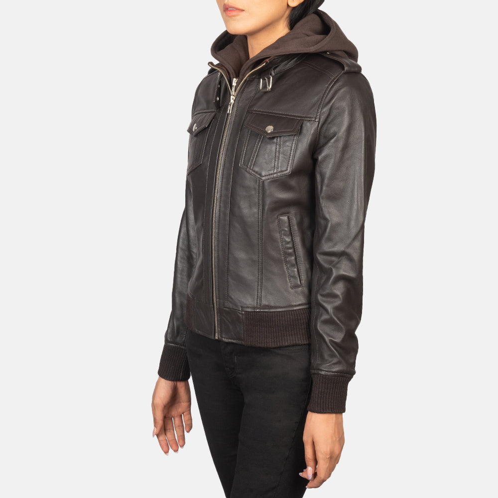 Roslyn Brown Hooded Leather Bomber Jacket 2