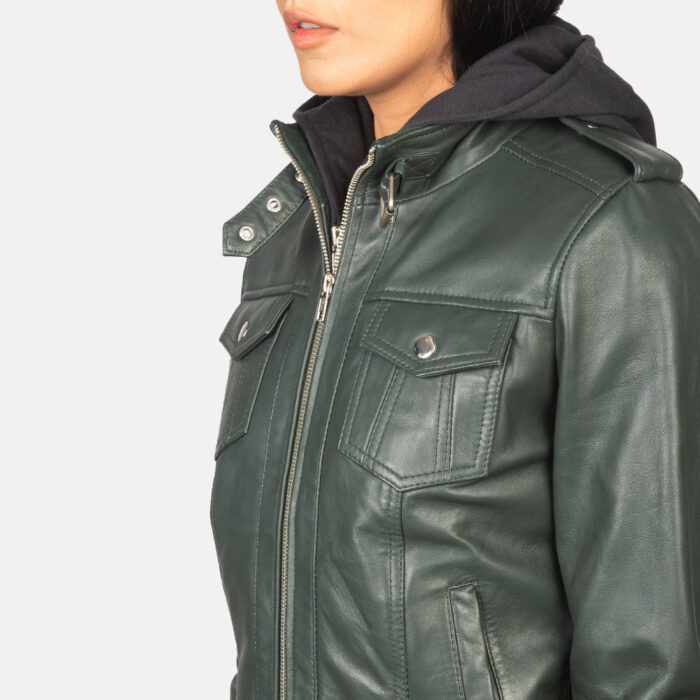 Roslyn Green Hooded Leather Bomber Jacket 6