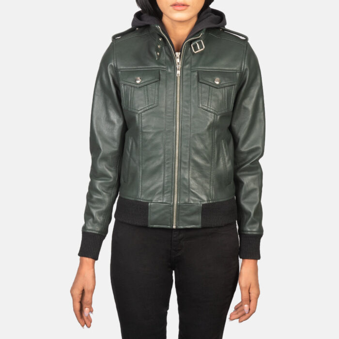 Roslyn Green Hooded Leather Bomber Jacket 4