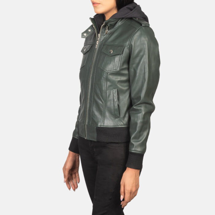 Roslyn Green Hooded Leather Bomber Jacket 2