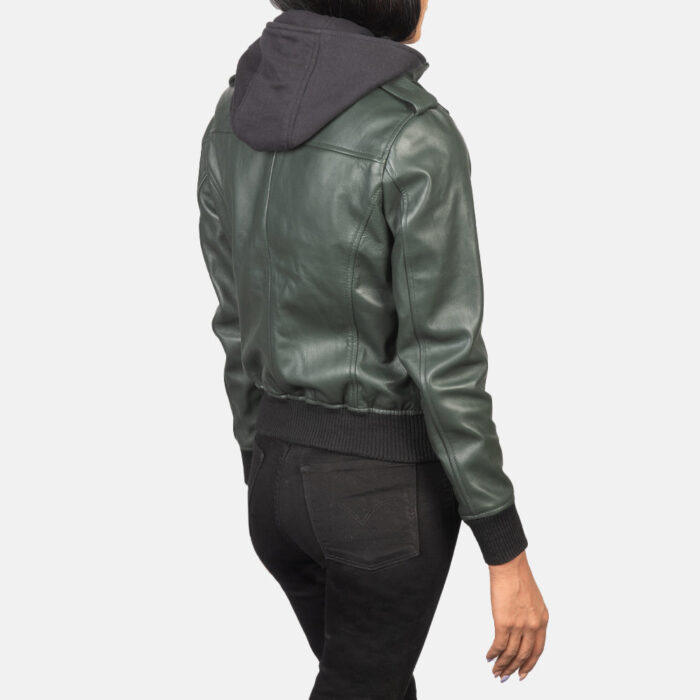Roslyn Green Hooded Leather Bomber Jacket 5