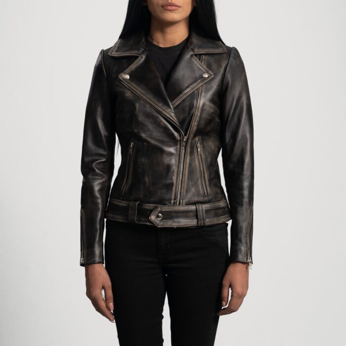Rumy Distressed Brown Leather Biker Jacket 4