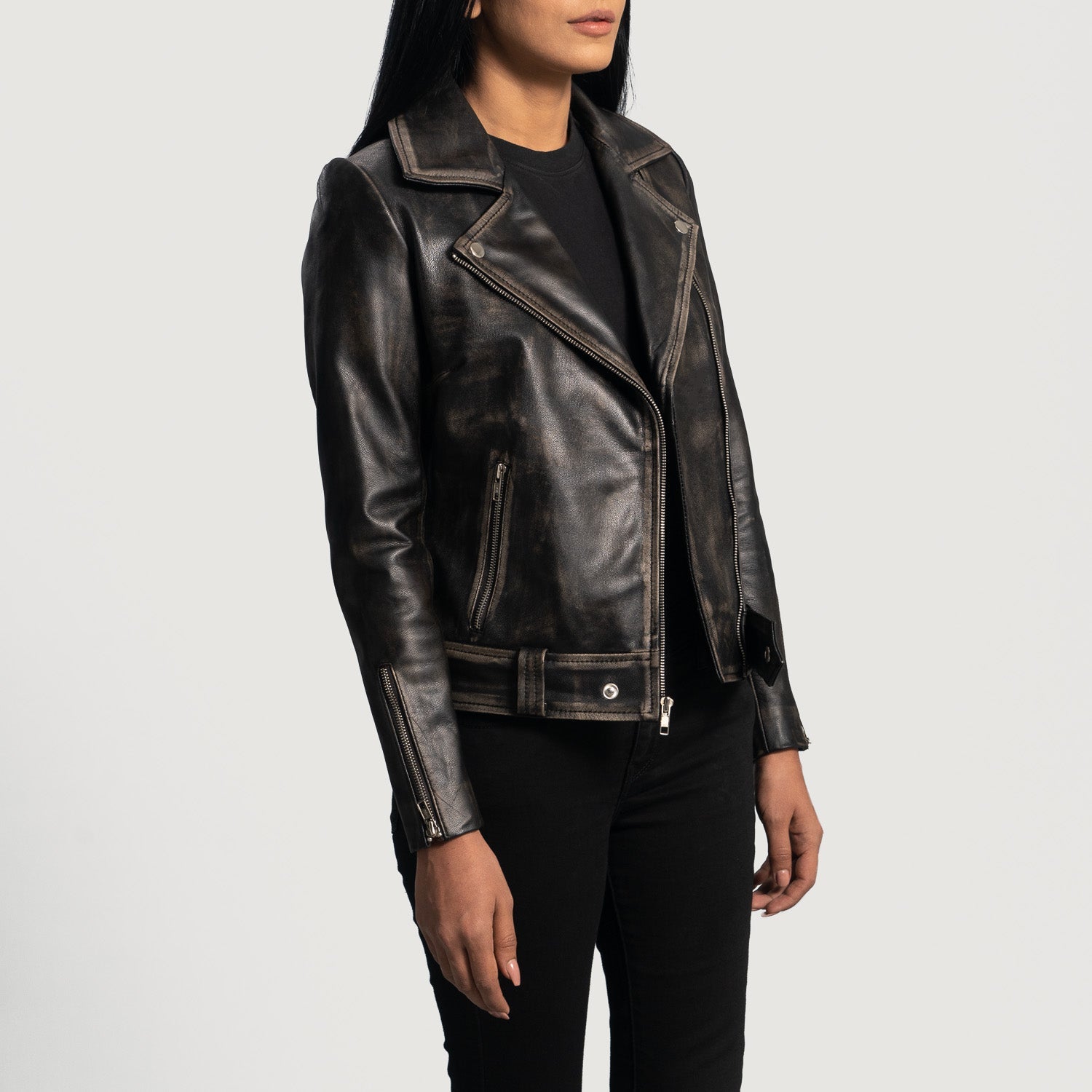 Rumy Distressed Brown Leather Biker Jacket 2