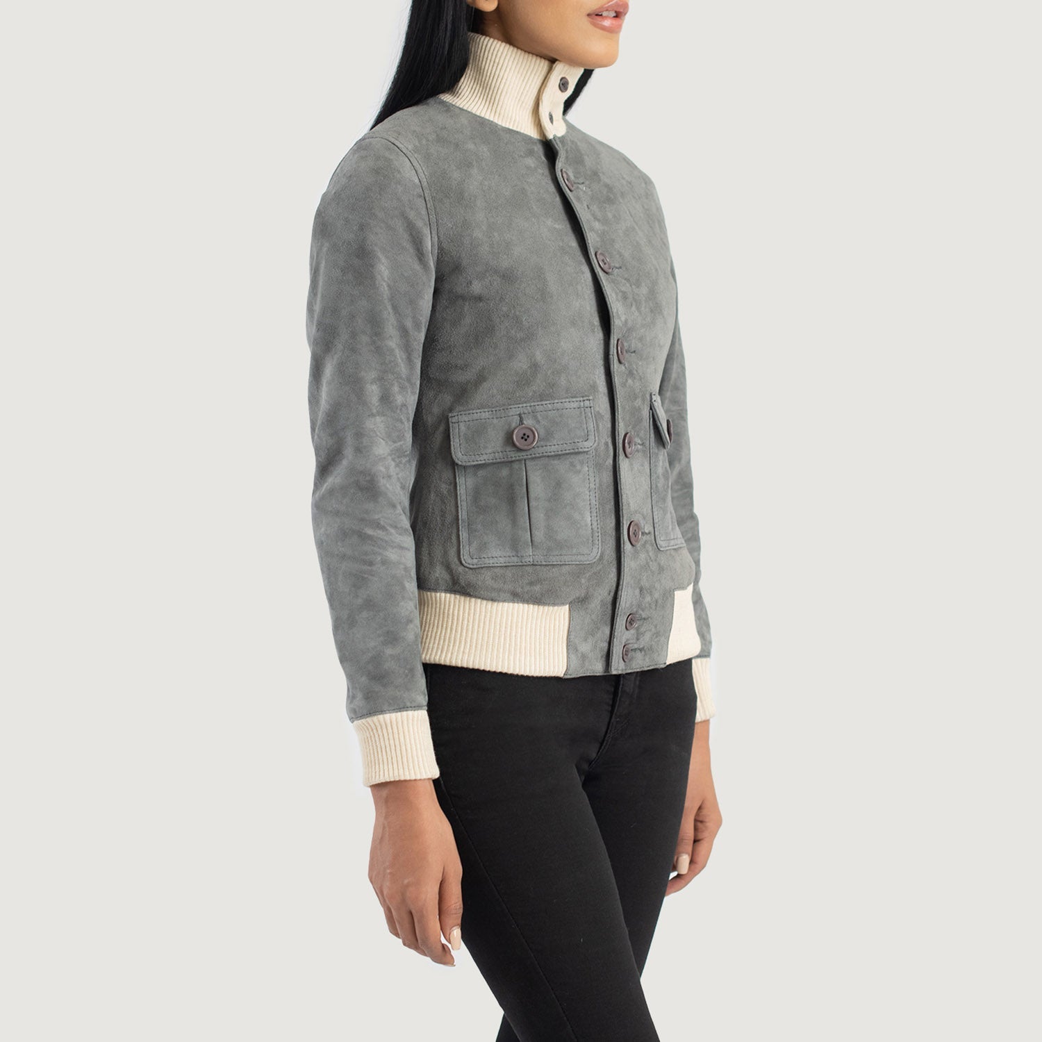 Sasha A1 Grey Suede Bomber Jacket 2