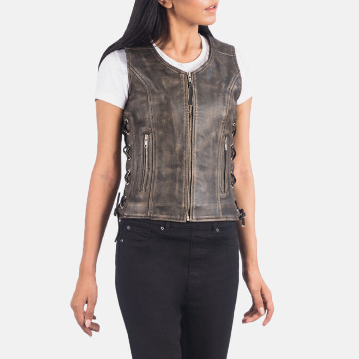 Vanda Distressed Brown Leather Biker Vest 2