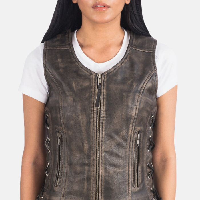 Vanda Distressed Brown Leather Biker Vest 6