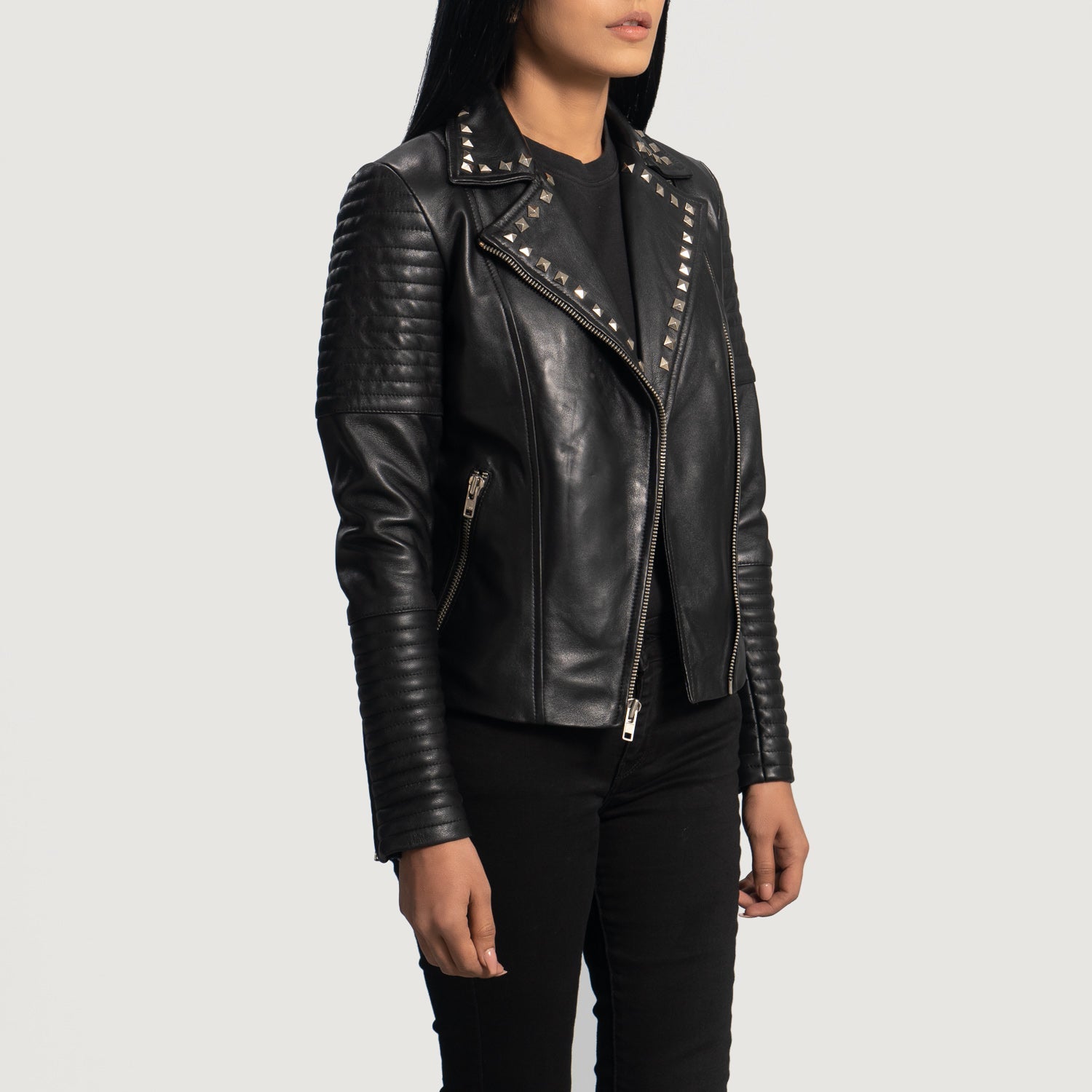 Sally Mae Studded Black Leather Biker Jacket 2