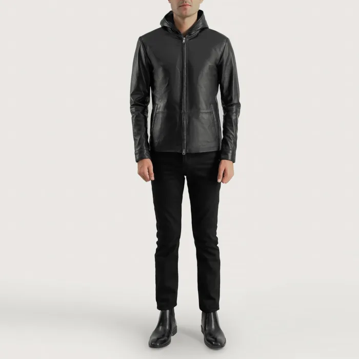 Andy Matte Black Hooded Leather Jacket 4