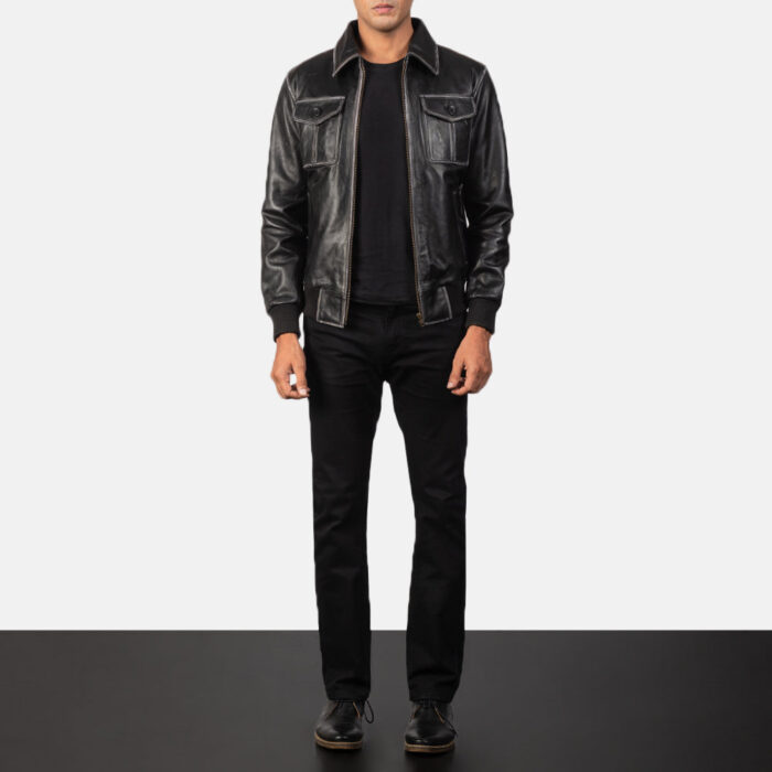 Aaron Black Leather Bomber Jacket 3