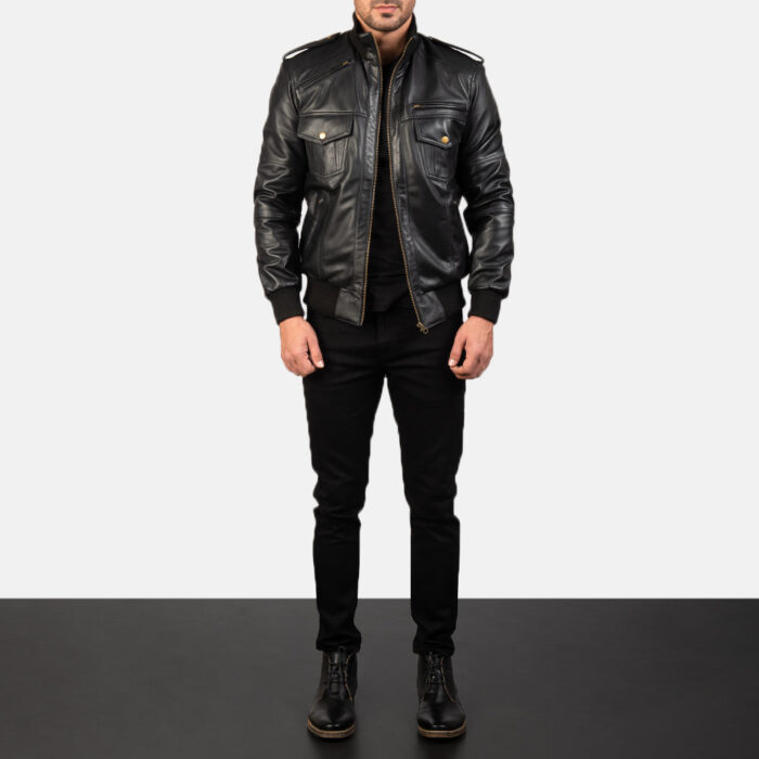 Agent Shadow Black Leather Bomber Jacket 3