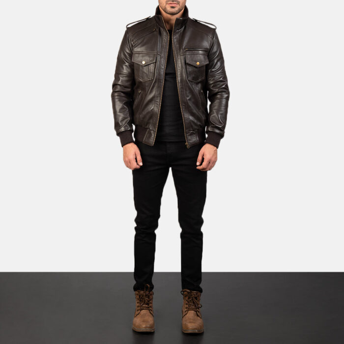 Agent Shadow Brown Leather Bomber Jacket 3