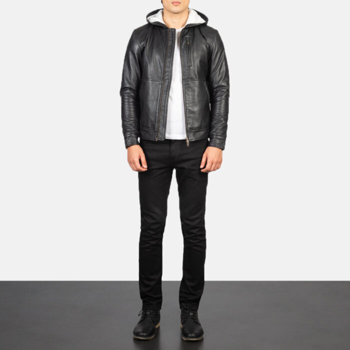Baston Black Hooded Leather Bomber Jacket 3
