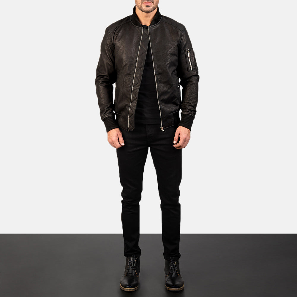 Bomia Ma-1 Distressed Black Leather Bomber Jacket 2