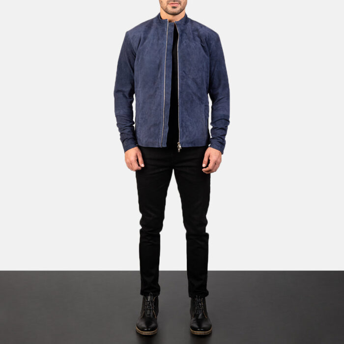 Charcoal Navy Blue Suede Biker Jacket 3