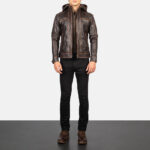 Hector Vintage Brown Hooded Leather Biker Jacket 3