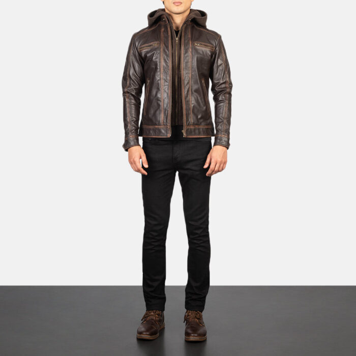Hector Vintage Brown Hooded Leather Biker Jacket 3