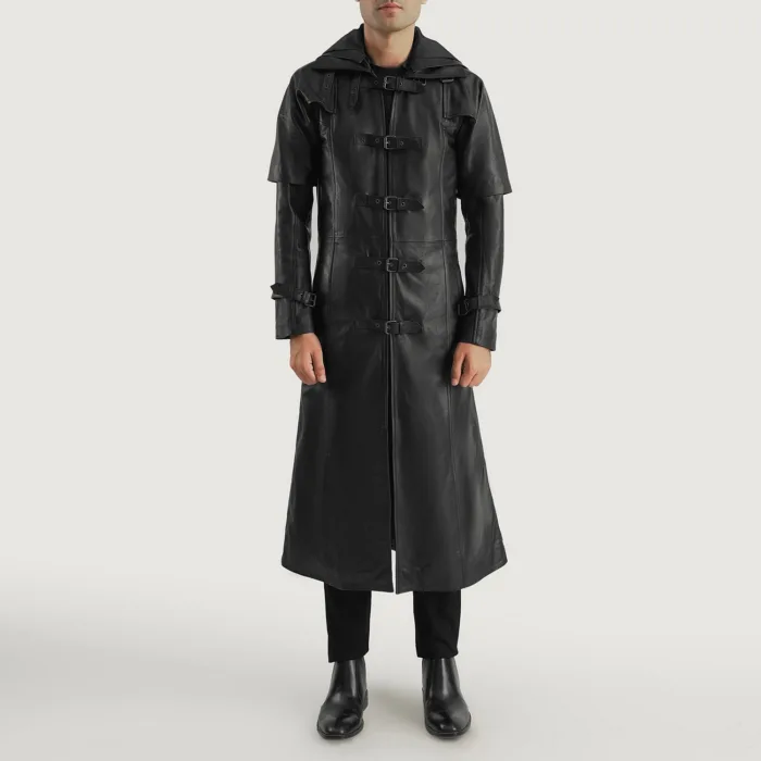 Huntsman Black Hooded Leather Trench Coat 3