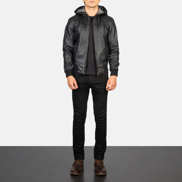 Nintenzo Black Hooded Leather Bomber Jacket 3