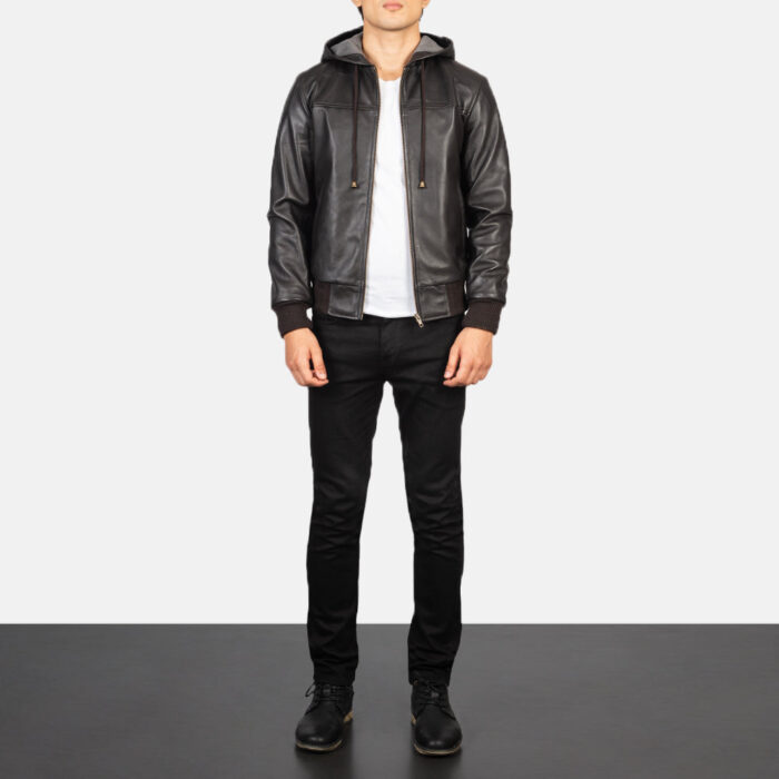Nintenzo Brown Hooded Leather Bomber Jacket 3
