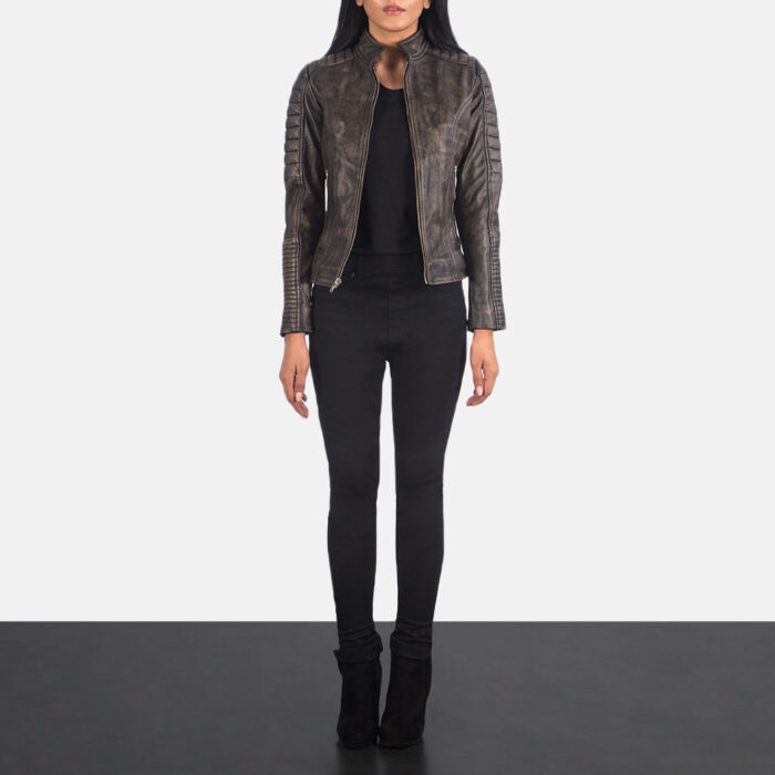 Adalyn Quilted Distressed Brown Leather Biker Jacket 3