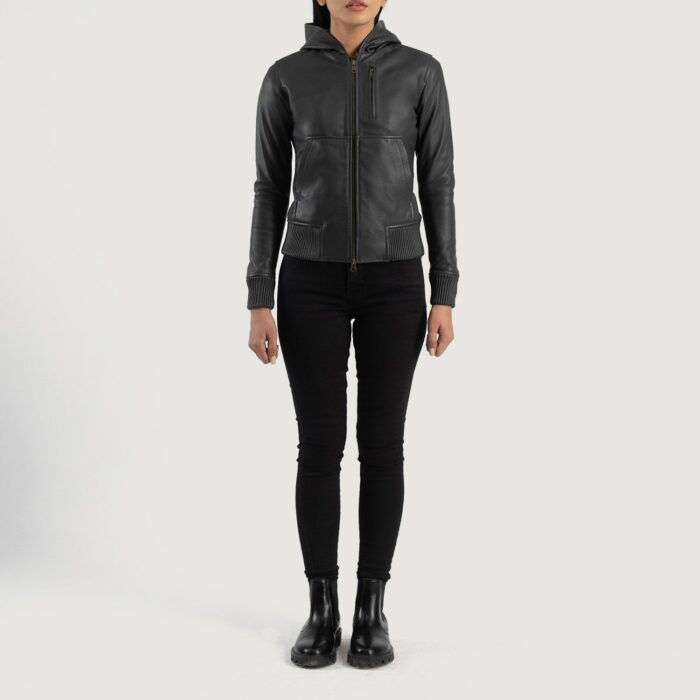 Luna Black Hooded Leather Bomber Jacket 3