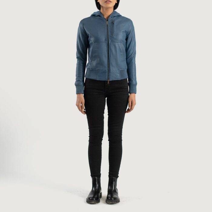 Luna Blue Hooded Leather Bomber Jacket 3